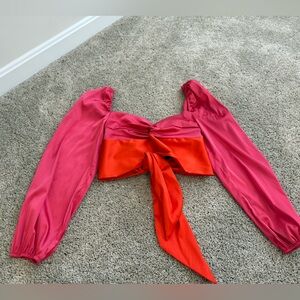 Cropped sweetheart neck and puff/lantern sleeve satin blouse with tie